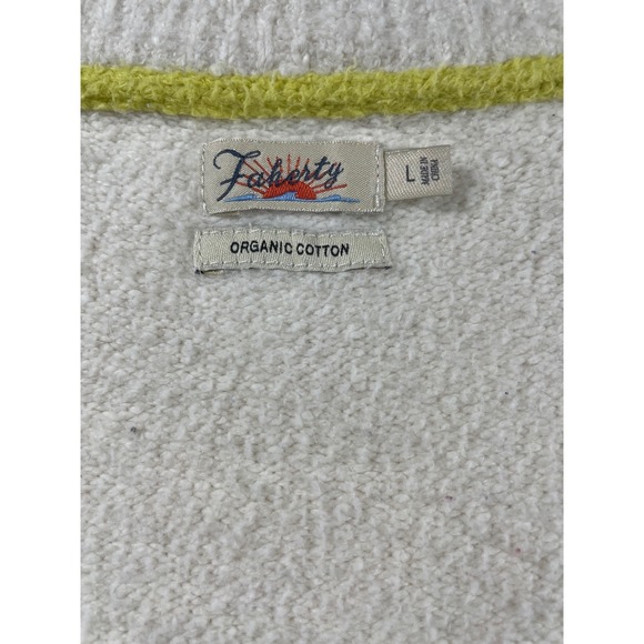 Faherty V Neck Fuzzy Knit Sweater White Neon Green Stripe Accent Size L - Picture 6 of 7